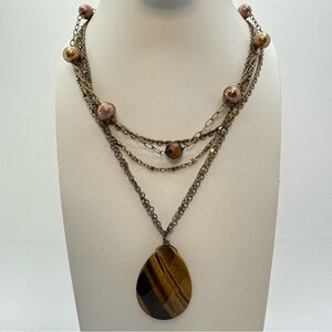 Gold Tone Tiger’s Eye Layered Necklace Teardrop Pendant Boho Chic Festival